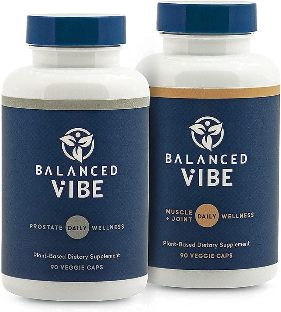 Balanceret Vibe Mænds Bundle - Prostata og Muscle + fælles herbal supplement - Naturlig støtte til fælles wellness, mobilitet, fremme søvn, hjælper med at reducere hyppig vandladning og nødsituation - 90 Caps Ea