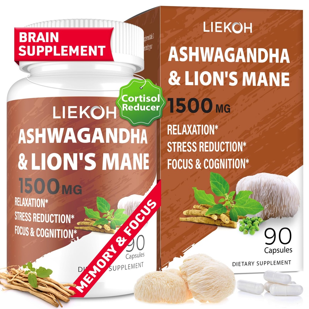 Ashwagandha & Lions Mane Supplements Kapsler, Brain Supplements for Memory and Focus, Ashwagandha Supplements with Rhodiola & Black Peppe, Cortisol Supplements for Women & Men, 90 Caps