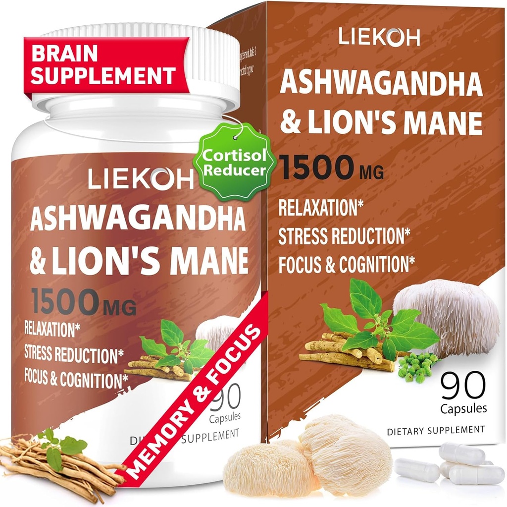 Ashwagandha & Lions Mane Supplements Kapsler, Brain Supplements for Memory and Focus, Ashwagandha Supplements with Rhodiola & Black Peppe, Cortisol Supplements for Women & Men, 90 Caps