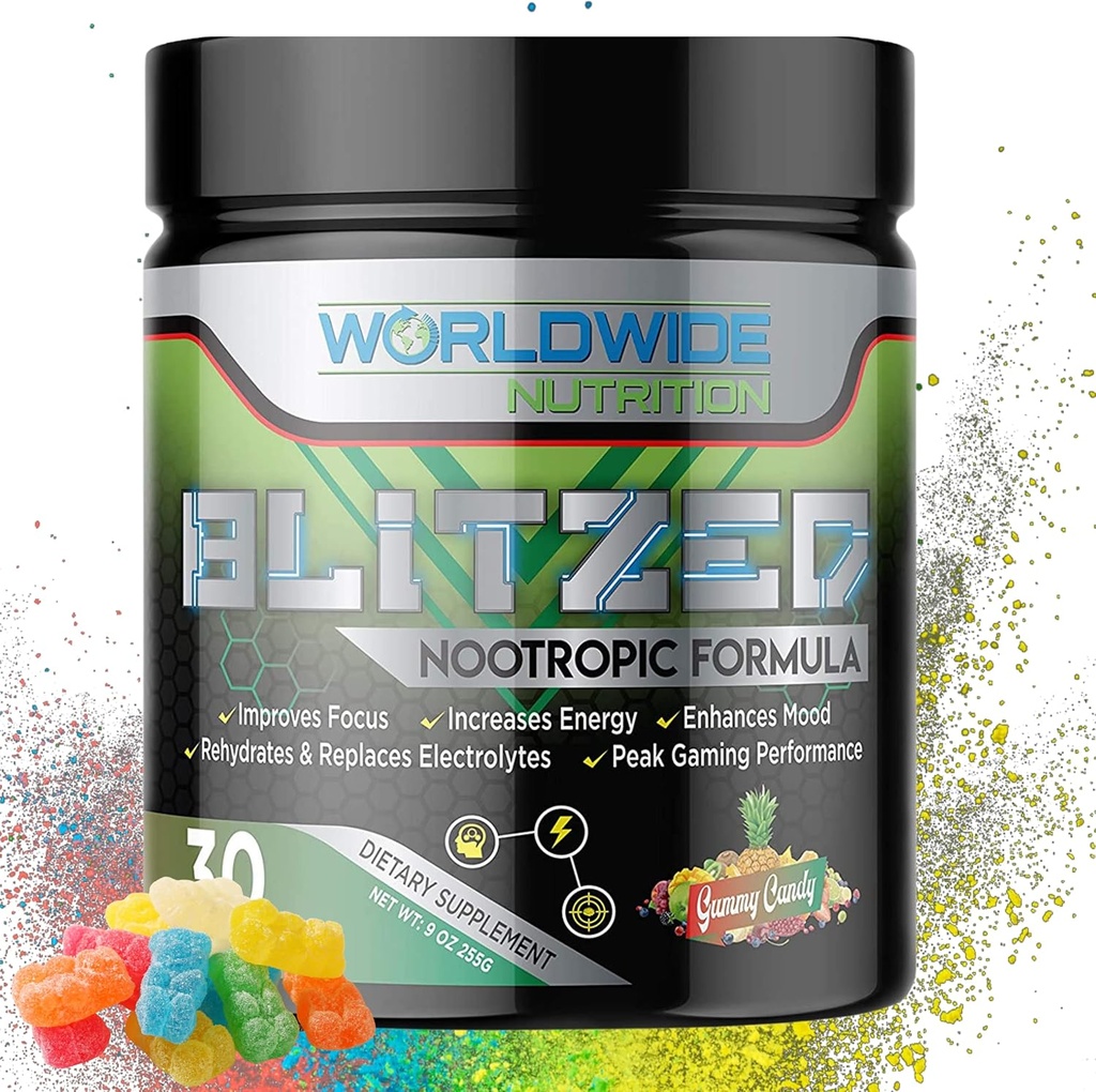 Worldwide Nutrition Blitzed Nootrop Formel - All Natural Energy Drink Mix Powder - Hjerne Kosttilskud til hukommelse og fokus - Forbedret fokus og energi supplement - Gummy Candy Flavor - 30 Servering