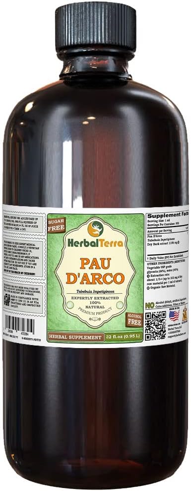PAU d 'arco (Tabebuia Impetiginosa) Glycerit, Tørret Bark Alkohol- Free Liquid Extract (Brand Name: HerbalTerra, Stolt Made in USA) 32 fl.oz (0,95 l)