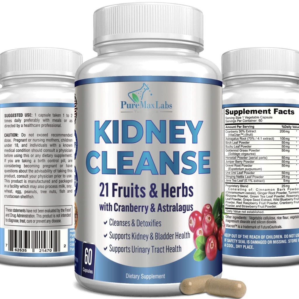 Urter Nyre Rengøring med Cranberry Extract, Astralagus - 21 Frugter & Urter - Detox & Rense Urinstof & Bstige Sundhed, Nyre Support, 60 Veganske Kapsler