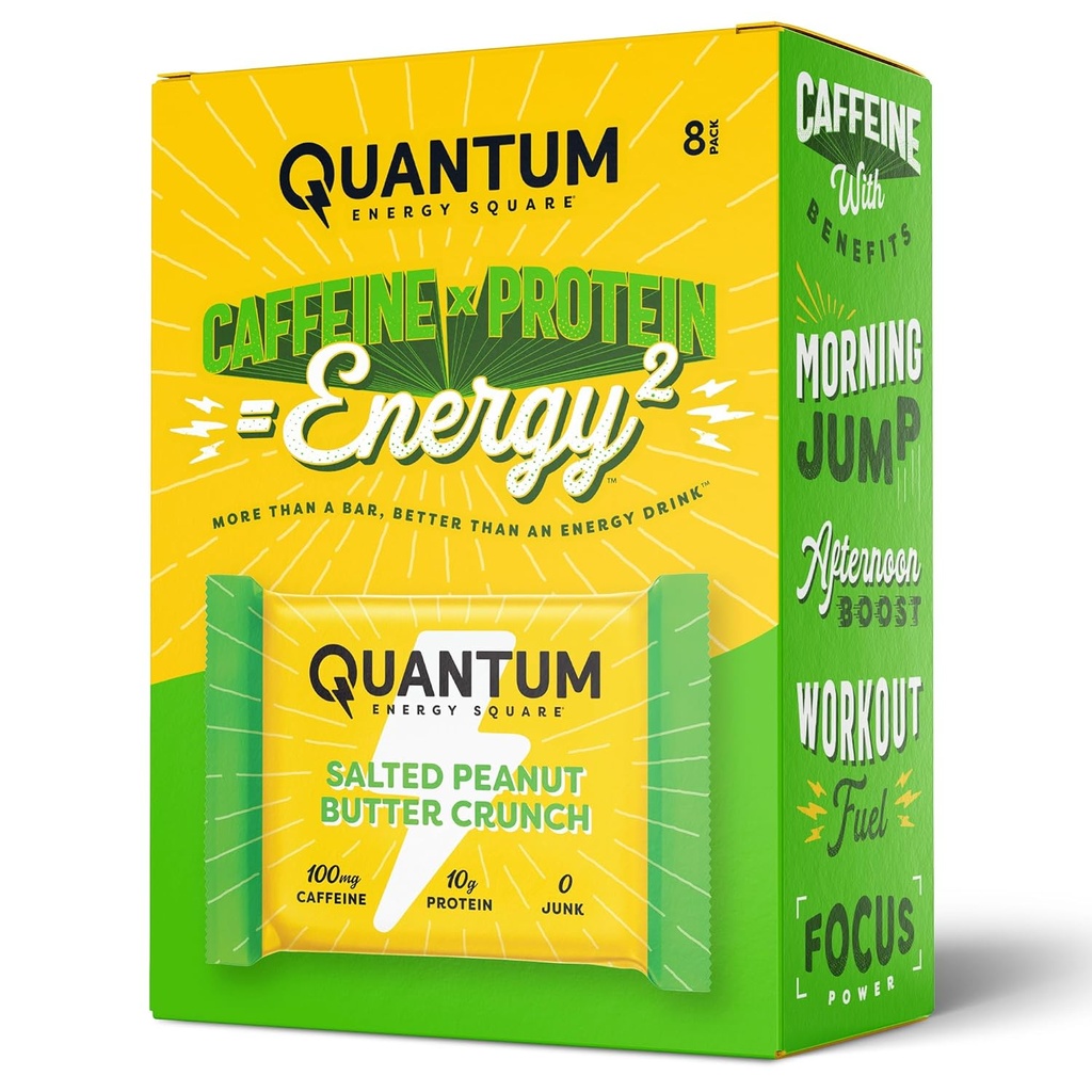 Quantum Energy Square: Energibar med koffein & 10g protein. Lækker sund snack på farten. (Vegansk, Glutenfri, Soy- fri, Dairy- fri) (Saltet Peanut Butter Crunch)