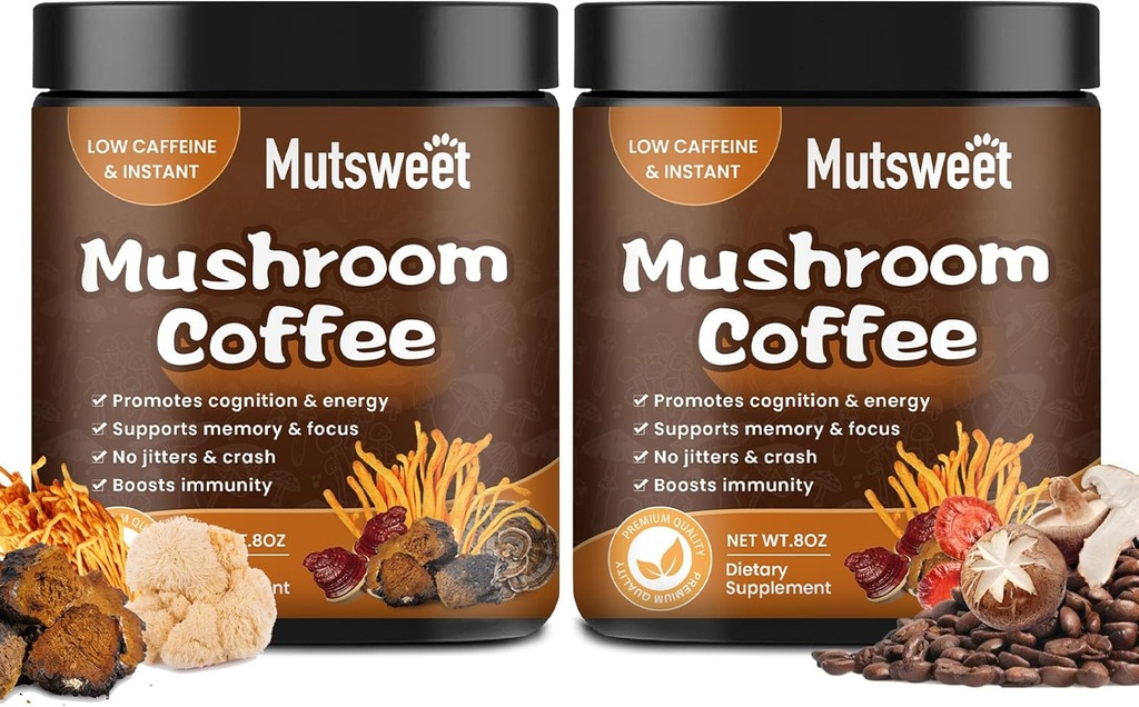 (2 Pack) Mushroom kaffe til smoothies / Latte, Mushroom Powder Blend (57 Servere) med Lions Mane, Reishi, Cordyceps, Tyrkiet Tail, Chaga - Mushroom Supplement for energi, Focus, Immuni- 8 oz
