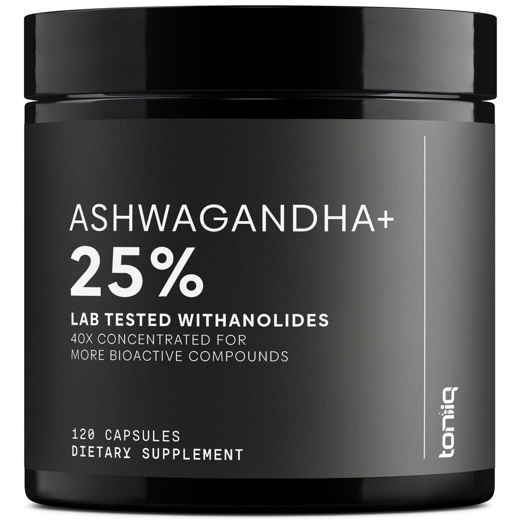 Toniiq Ashwagandha - 40: 1 Koncentreret ekstrakt - 25% Hitanolides - Wild Harfted in India - Meget biotilgængelig med sort pepper - Third- Party Testet - 120 kapsler - 1.300mg pr Servering