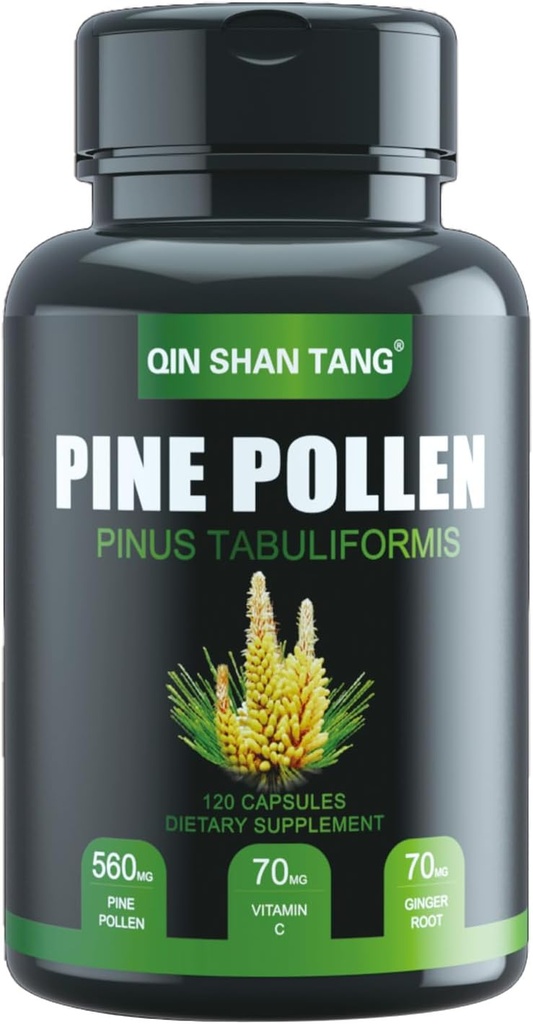 Pine Pollen Supplement wtih Ginger Root og C-vitamin, 99% Cracked Cell Wall, 120 Veggie Kapsler Fokus immunforsvar forbedre for kvinder og mænd