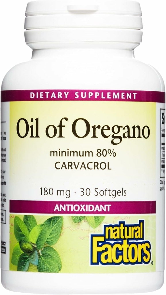 Naturlige faktorer, Olie af Oregano 180 mg, Hjælper med at opretholde godt helbred med Ekstra Jomfru Olivenolie, 30 bløddele (30 portioner)