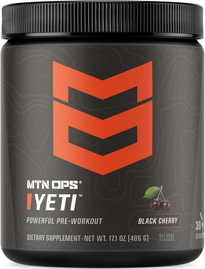MTN OPS Yeti Pre- Workout Powder Energy Drikke med Creatin, 200mg Koffein & BCAAs med Beta Alanine, 30- Serving Tub, Black Cherry