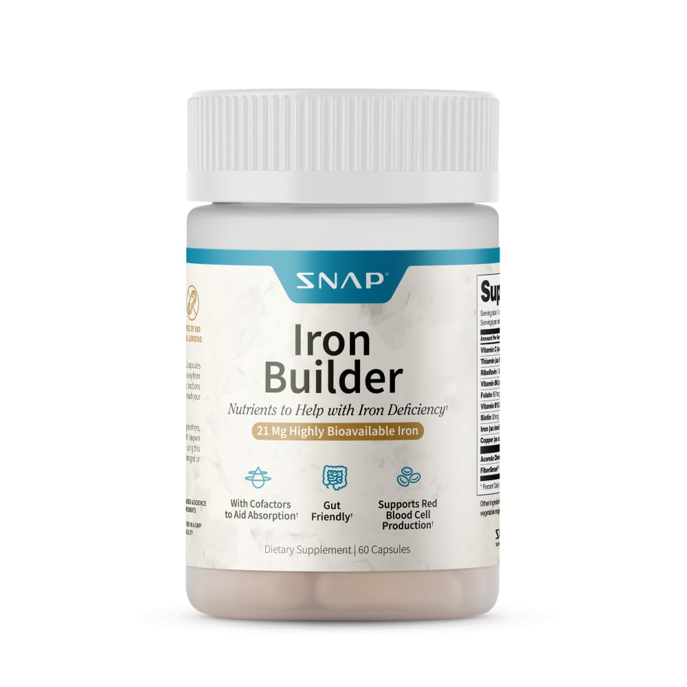 Snap kosttilskud Natural Iron Builder Kosttilskud, 21 mg jernpiller til at øge energi, Metabolisme og fordøjelse, Absorber Hurtig Vitamin Økologiske næringsstoffer (60 kapsler)