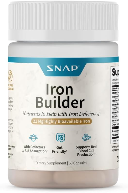 Snap kosttilskud Natural Iron Builder Kosttilskud, 21 mg jernpiller til at øge energi, Metabolisme og fordøjelse, Absorber Hurtig Vitamin Økologiske næringsstoffer (60 kapsler)