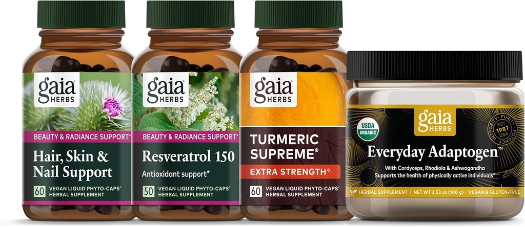 Gaia Herbs Beauty Essentials Kit - hår, hud, & negl Support, Resveratrol 150, Everyday Adaptogen, Gurkemeje Extra Strength