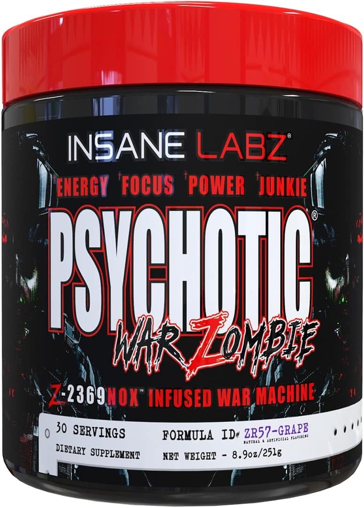 Insane Labz Psychotic War Zombie High Stimulant Pre Workout Powder, Extreme Lasting Energy, Focus and Pump with Beta Alanine, L-Arginine, 30 Servings (Grape)