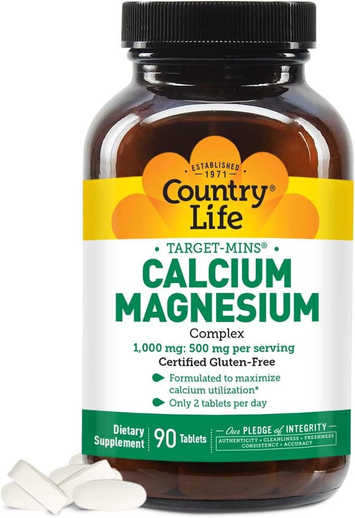 Country Life Target- Mins Calcium Magnesium Complex 1000mg / 500mg, 90 tabletter, Certified Gluten Free, Certified Vegan, Certified Non- GMO Verified