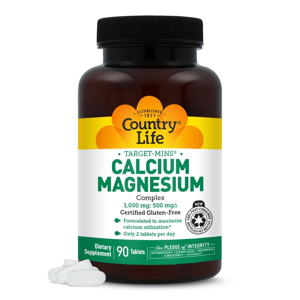 Country Life Target- Mins Calcium Magnesium Complex 1000mg / 500mg, 90 tabletter, Certified Gluten Free, Certified Vegan, Certified Non- GMO Verified