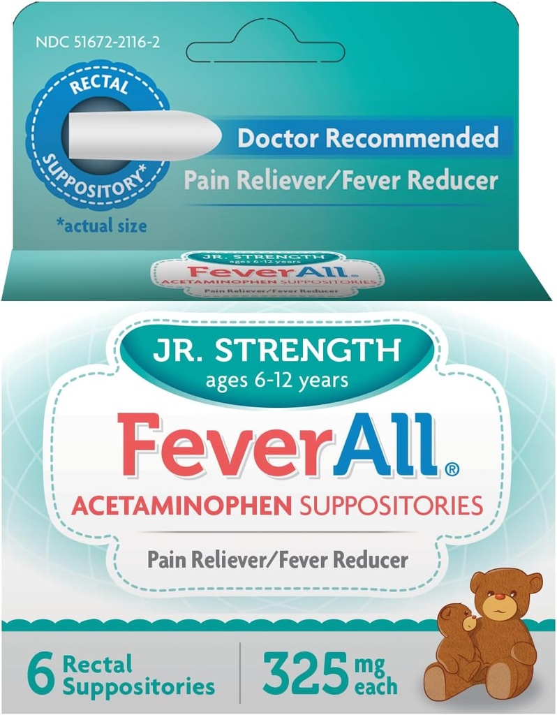Feverall Børn Acetaminophen Suppositorier 6 Rektale Suppositorier 325mg Hver smertestillende / Fever Reducer. Paraben Free, Ingen kunstige farver eller andre konserveringsmidler. Alder 6-12 År