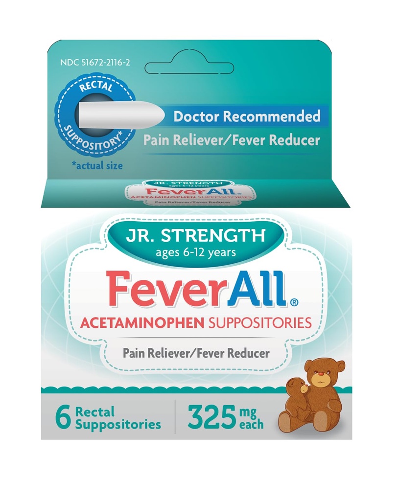 Feverall Børn Acetaminophen Suppositorier 6 Rektale Suppositorier 325mg Hver smertestillende / Fever Reducer. Paraben Free, Ingen kunstige farver eller andre konserveringsmidler. Alder 6-12 År