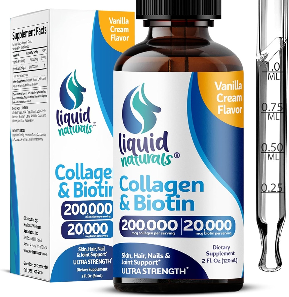 Flydende collagen og biotin, 2 Fl. Oz, Ultra- Strength Collagen Kosttilskud til kvinder, Trev- Party Testet Biotin til hårvækst kvinder, negle og hud vitaminer B7 Collageno Peptider - Vanilla Flavor