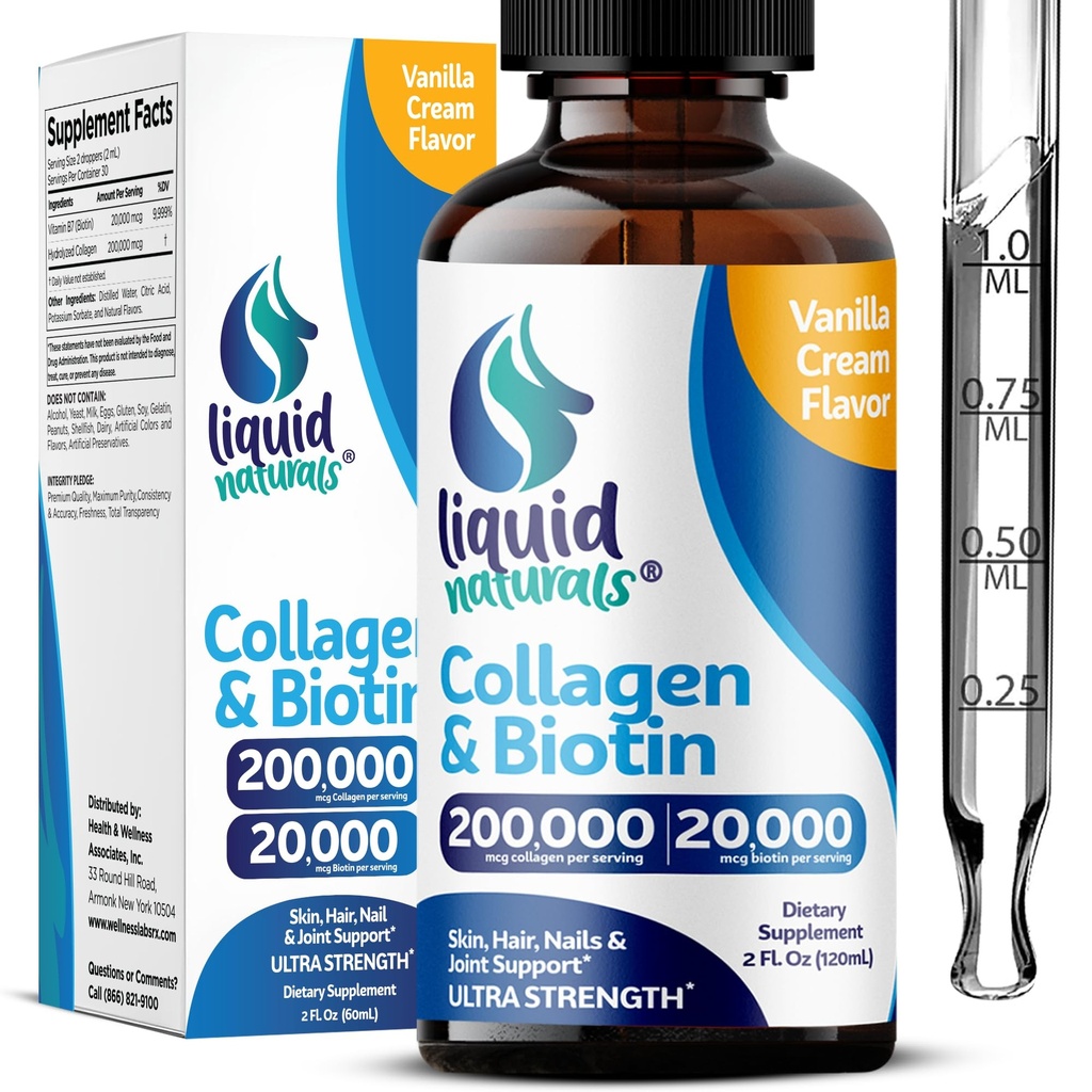Flydende collagen og biotin, 2 Fl. Oz, Ultra- Strength Collagen Kosttilskud til kvinder, Trev- Party Testet Biotin til hårvækst kvinder, negle og hud vitaminer B7 Collageno Peptider - Vanilla Flavor