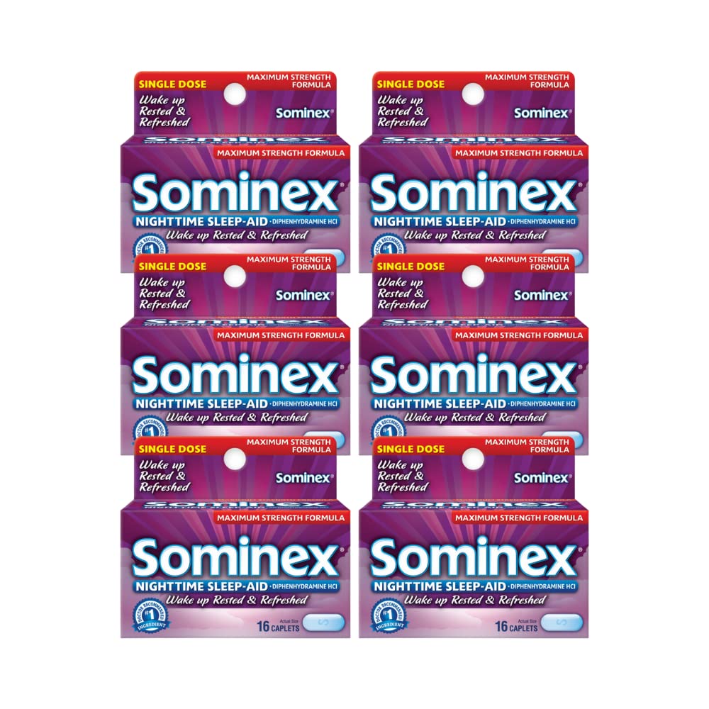 Sominex Nighttime Sleep- Aid Caplets, maksimal styrke, 16 ea (pakke med 6)