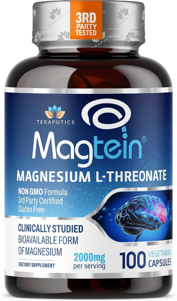 Magnesium L Threonate, Magtein ™, Brain Supplement for Memory, Focus, Sleep and Cognitive Support, High Absorption Magnesium L- Threonate, Non- GMO, No Laxative Effect - 2000 mg, 100 Vegan Capsules