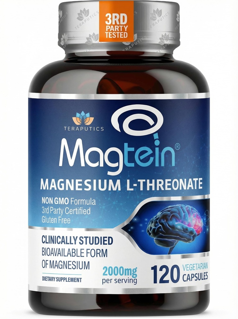 Magnesium L Threonate, Magtein ™, Brain Supplement for Memory, Focus, Sleep and Cognitive Support, High Absorption Magnesium L- Threonate, Non- GMO, No Laxative Effect - 2000 mg, 100 Vegan Capsules