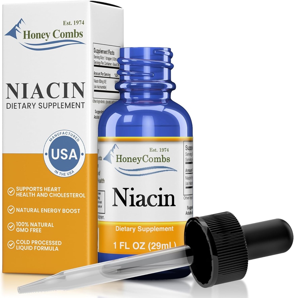 Niacin Liquid Drops Made in The USA - Vitamin B3 Supplement - 500% DV per servering - 36 Servering pr Container - Great for mænd, Kvinder, Børn - Vegansk Vitamin B7 Væske - Bulk størrelser også tilgængelig