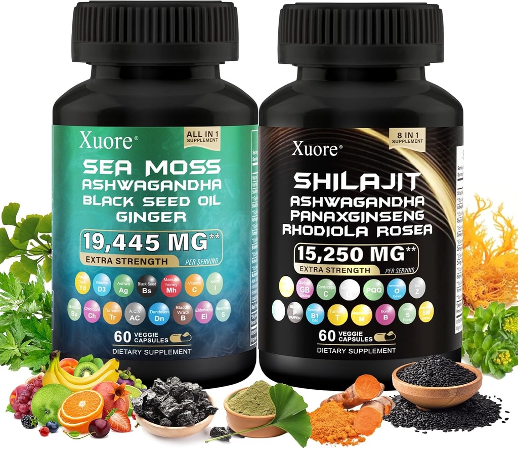 The Bundle of Shilajit and Sea Moss, Sea Moss, Black Seed Oil, Ashwagandha, Ginger, Shilajit, Rhodiola Rosea, Panax Ginseng, 120 Kapsler Alt i ét tillæg, (1 pakke).