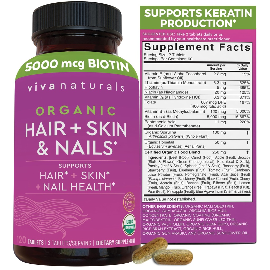 Biotin 5000 mcg hår hudnegle Vitaminer for kvinder - Økologisk og Vegetarisk - Friendly Supplement med vitamin E, B-Vitaminer, Spirulina, Horsetail og Superfood Blend til at hjælpe med at producere Keratin - 120 Greve
