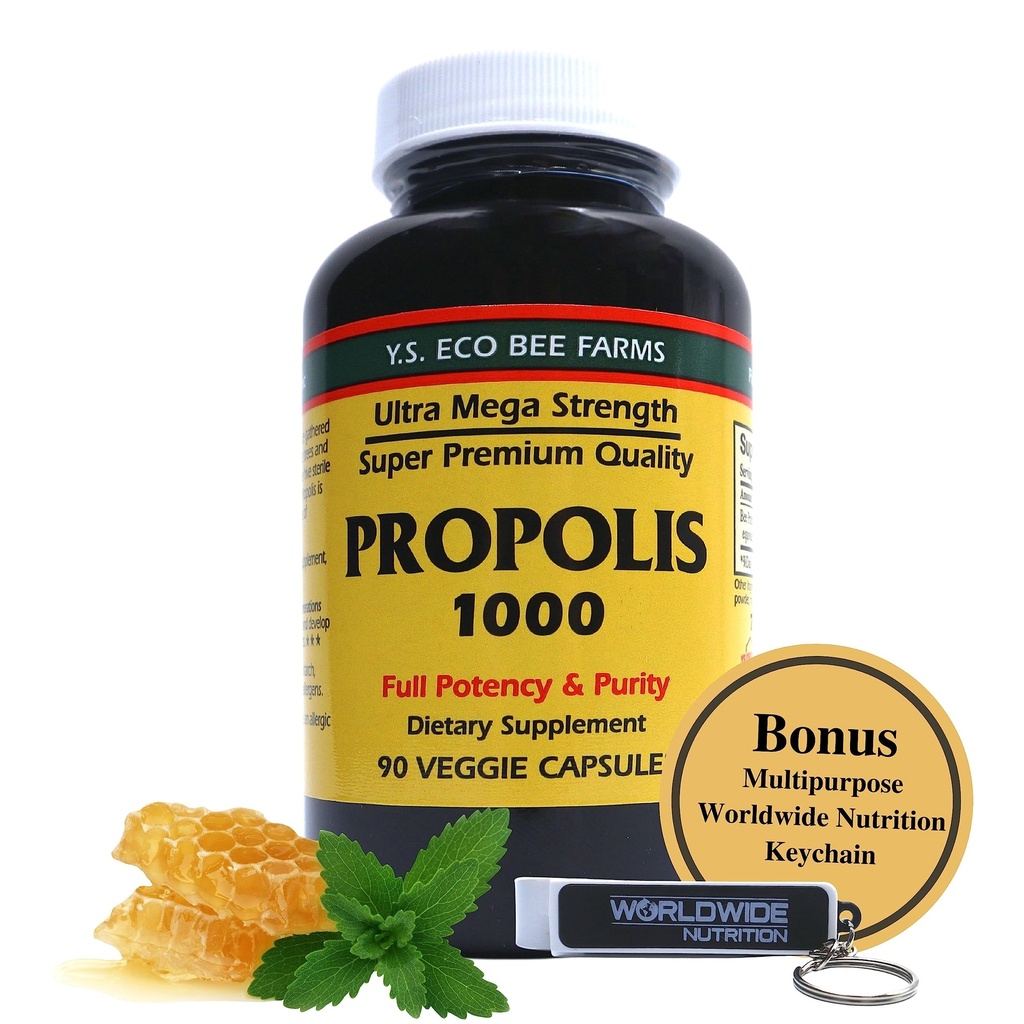 Y.S. Organic Bee Farms Propolis- Raw Ubehandlet 1000mg - Din Gateway til Wellness - 90 Kapsler med Bonus worldwidenutrition Multi Formål Key Chain