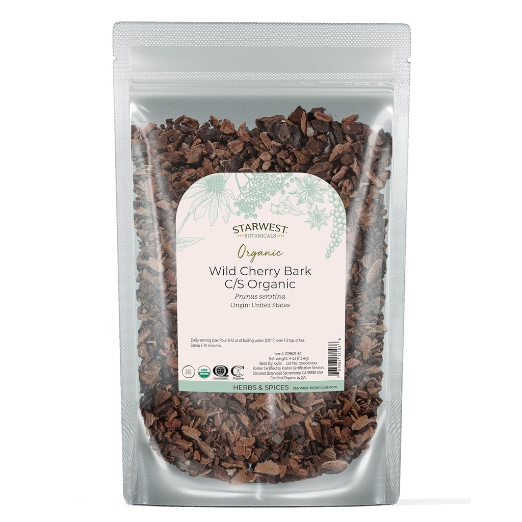 Starwest Botanicals Wild Cherry Bark Organic - Tørret Loose Leaf Herb til te, Syrup, & Natural Herbal Blends, Prunus Serotina, Cut & Sigted, Certified Kosher, Non- GMO - 4 oz Pouch