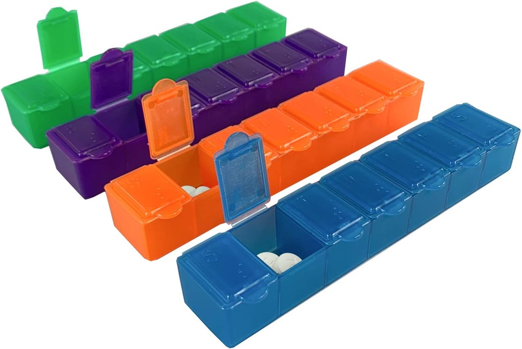 USA Merchant - 7 Day Pill Box Lille med snap Close Lids - Ugentlig Pill Organizer 4 gange om dagen eller 28 Day Dispenser - Leveres med 4 separate 7 Day Pill Containers til vitaminer, kosttilskud og medicin