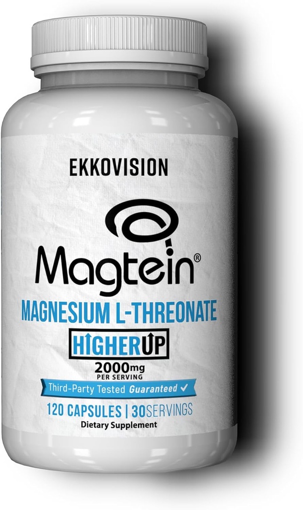 Ekkovision Magtein Magnesium L- Threonat, Memory & Cognitive Function Support, Magnesium supplement med essentielle mineraler for mænd og kvinder, 2000 MG Per Serving, 120 Easy- to- Swallow kapsler