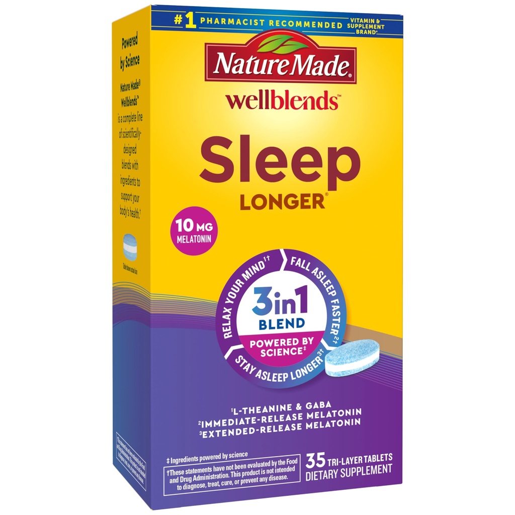 Nature Made Wellblends Sleep Længere, Melatonin 10mg, L theanin 100 mg, og GABA 100mg, Sleep Supplement, 35 Tri- Layer tabletter