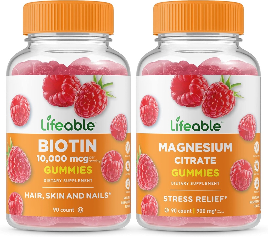 Lifeable Biotin + Magnesium, Gummies Bundle - Great Tasting, Vitamin Supplement, Gluten fri, GMO fri, tyggetabletter