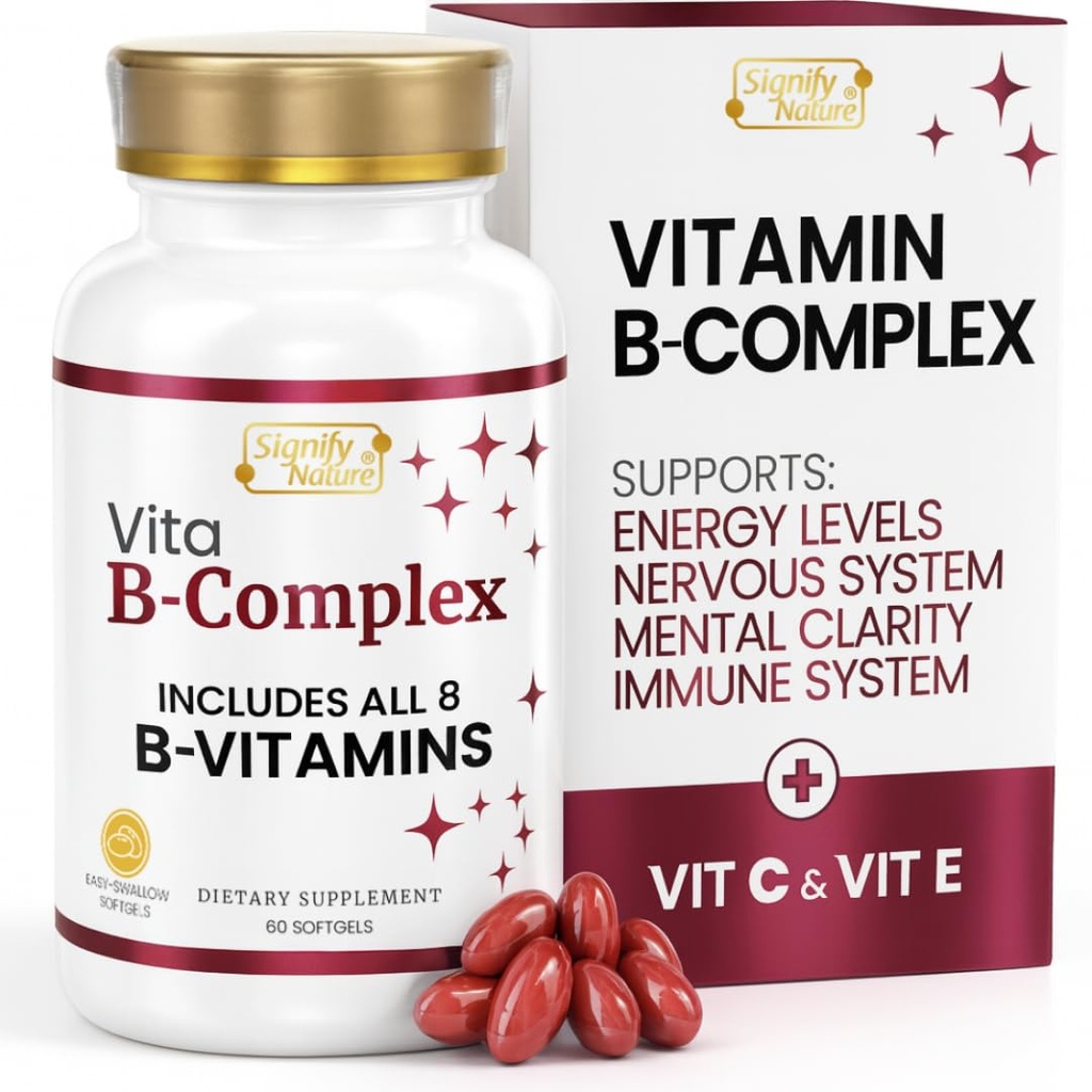 SIGNIFY NATUR VitaBComplex med vitamin C og E, B komplekse vitaminer til kvinder og mænd, BComplex Kosttilskud, VIT B1, B2, B3, B5, B6, B8, B9, B12, Super B Softgels - 60 CT