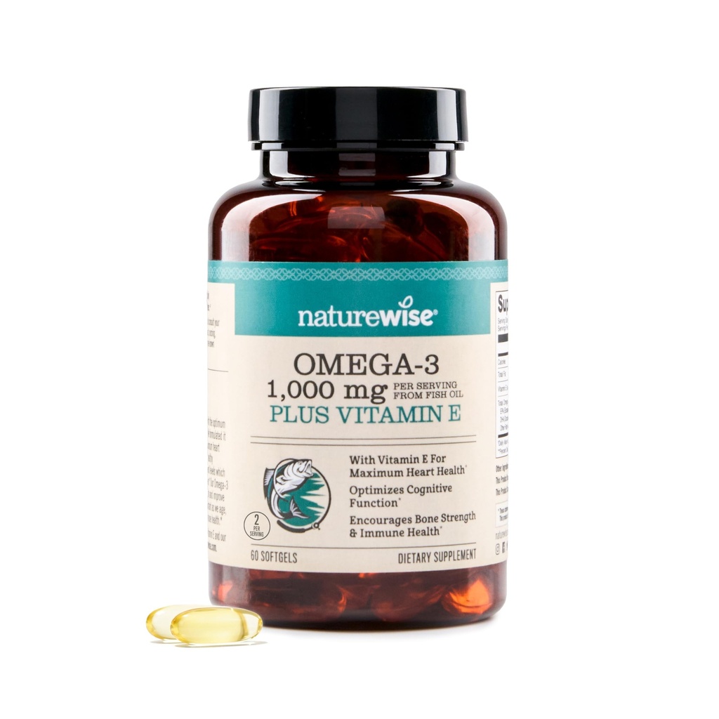 NatureWise Extra- Strength Omega 3 Fish Oil Supplement - 1000mg per servering - 600 EPA & 400 DHA og E-vitamin - Støtte til hjerte & hjerne sundhed - Lemon Flavor, GMO- Free - 60 Softgels [1-måned Supply]