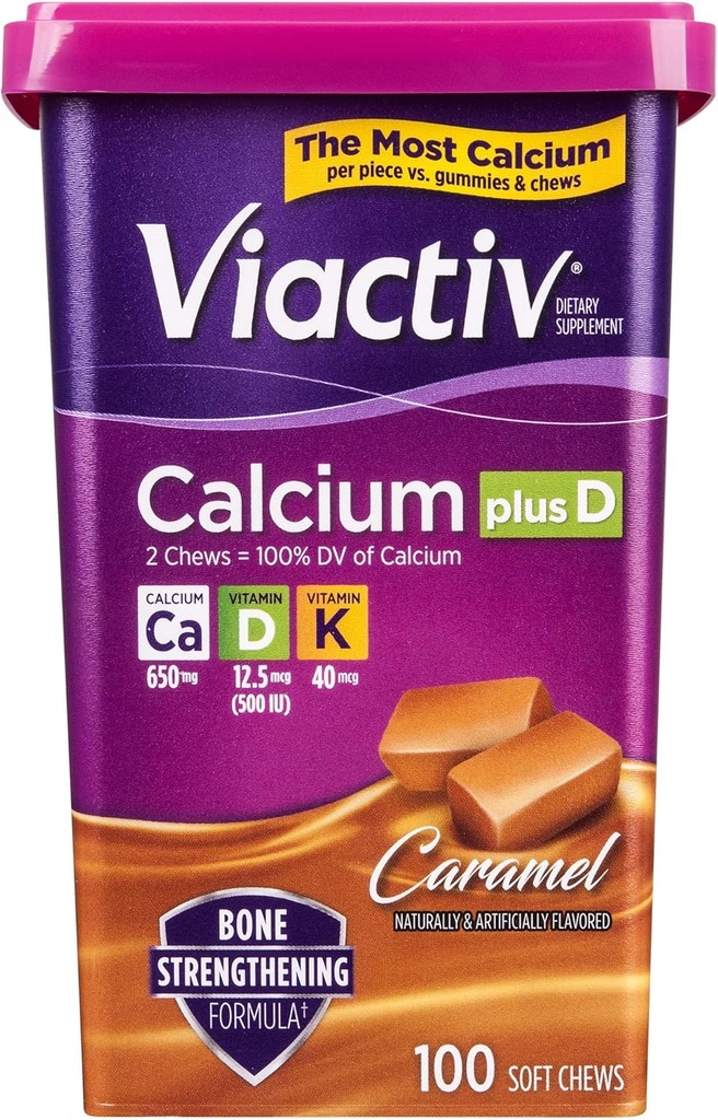 Viactiv Calcium Plus D-vitamin tillæg bløde tygger, karamel, 100 Tæl