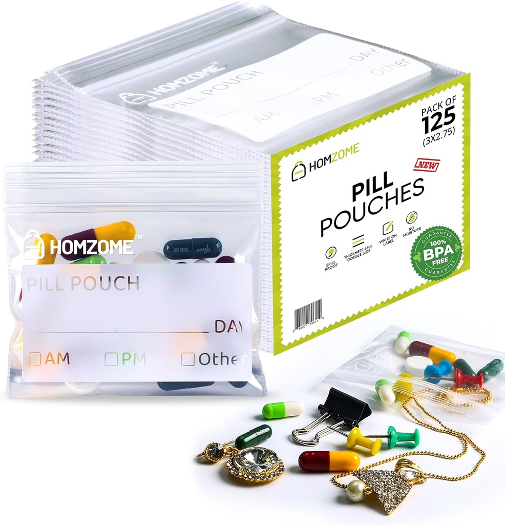 Pill Tasker 6 mil -Pack af 125- BPA Gratis 3x2,75 inches Genanvendelige Pill Pouches til medicin med Skriv på Label Clear Small Ziplock Tasker til piller, smykker og rejsepiller Organizer (Pack of 125)