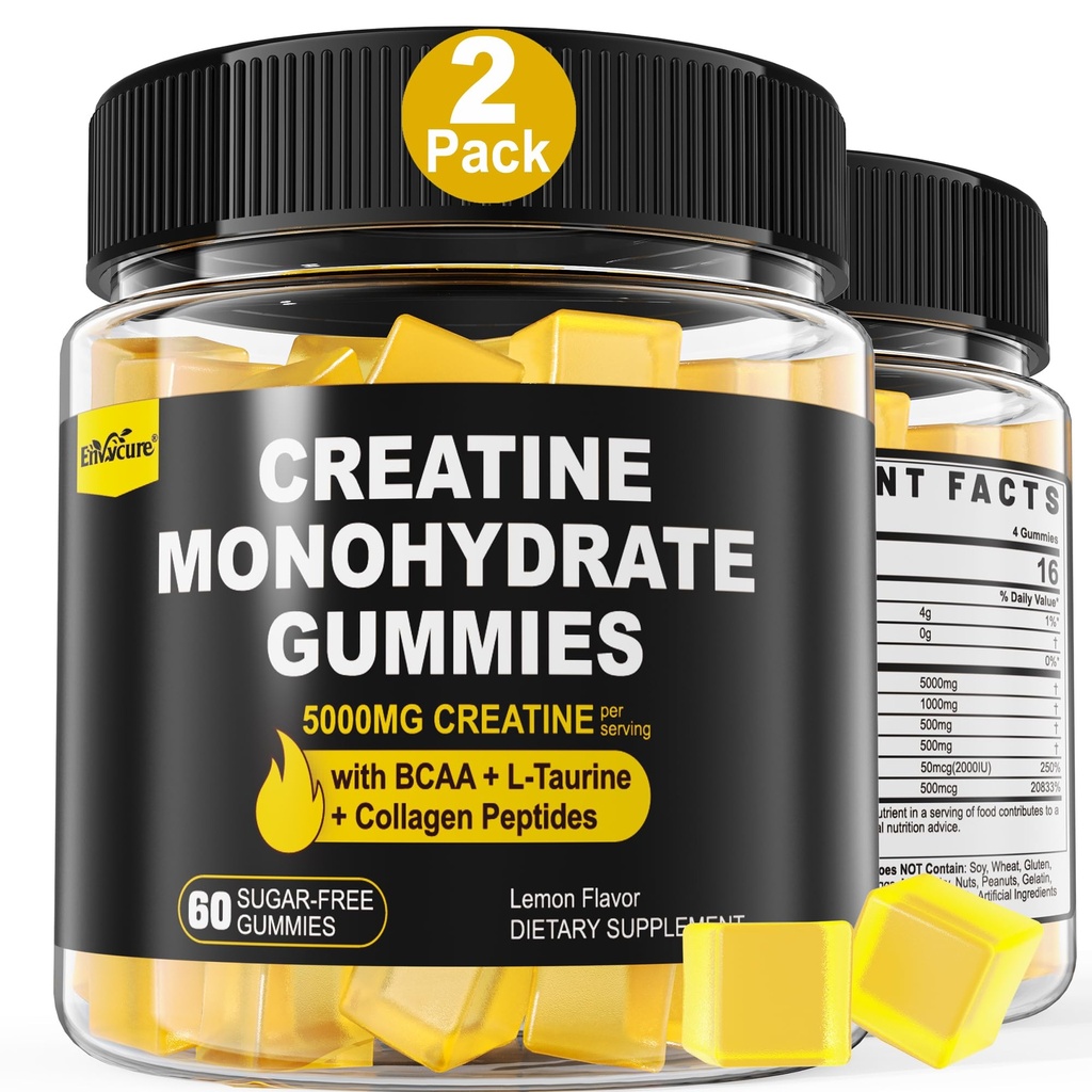 Creatine monohydrat Gummier for mænd og kvinder - med BCAA, Collagen Peptider, L- Taurine, Vitamin B12, D3, Chewables Creatine monohydrat 5g Per Servering, Natural Lemon Flavor, Sukker Free, 2 Pack