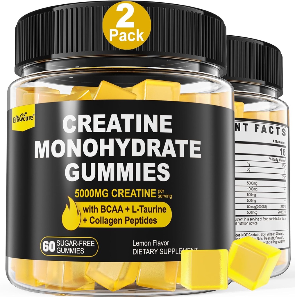 Creatine monohydrat Gummier for mænd og kvinder - med BCAA, Collagen Peptider, L- Taurine, Vitamin B12, D3, Chewables Creatine monohydrat 5g Per Servering, Natural Lemon Flavor, Sukker Free, 2 Pack