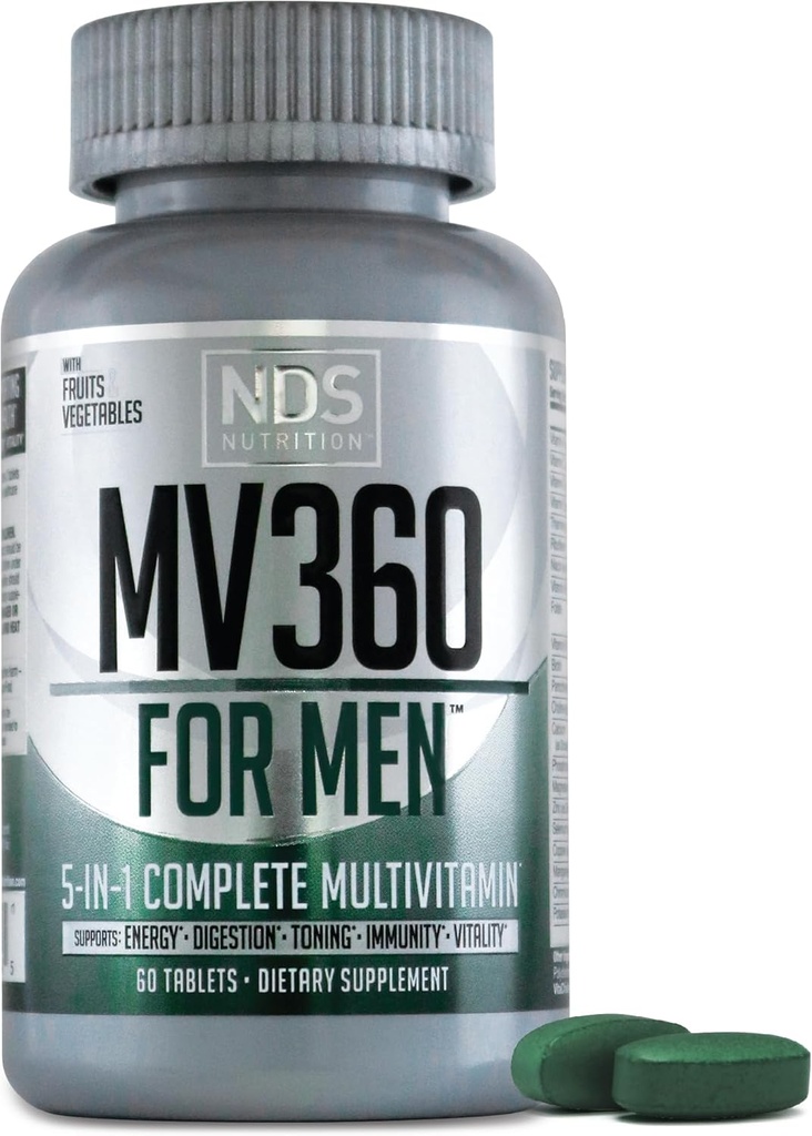 NDS Nutrition MV360 For mænd, 5- in-1 Komplet Multivitamin til mænd med essentielle Herre Vitaminer for energi, fordøjelse, toning, immunforsvar, og Herre Sundhed & Vitality, 60 tabletter, 30 Servere