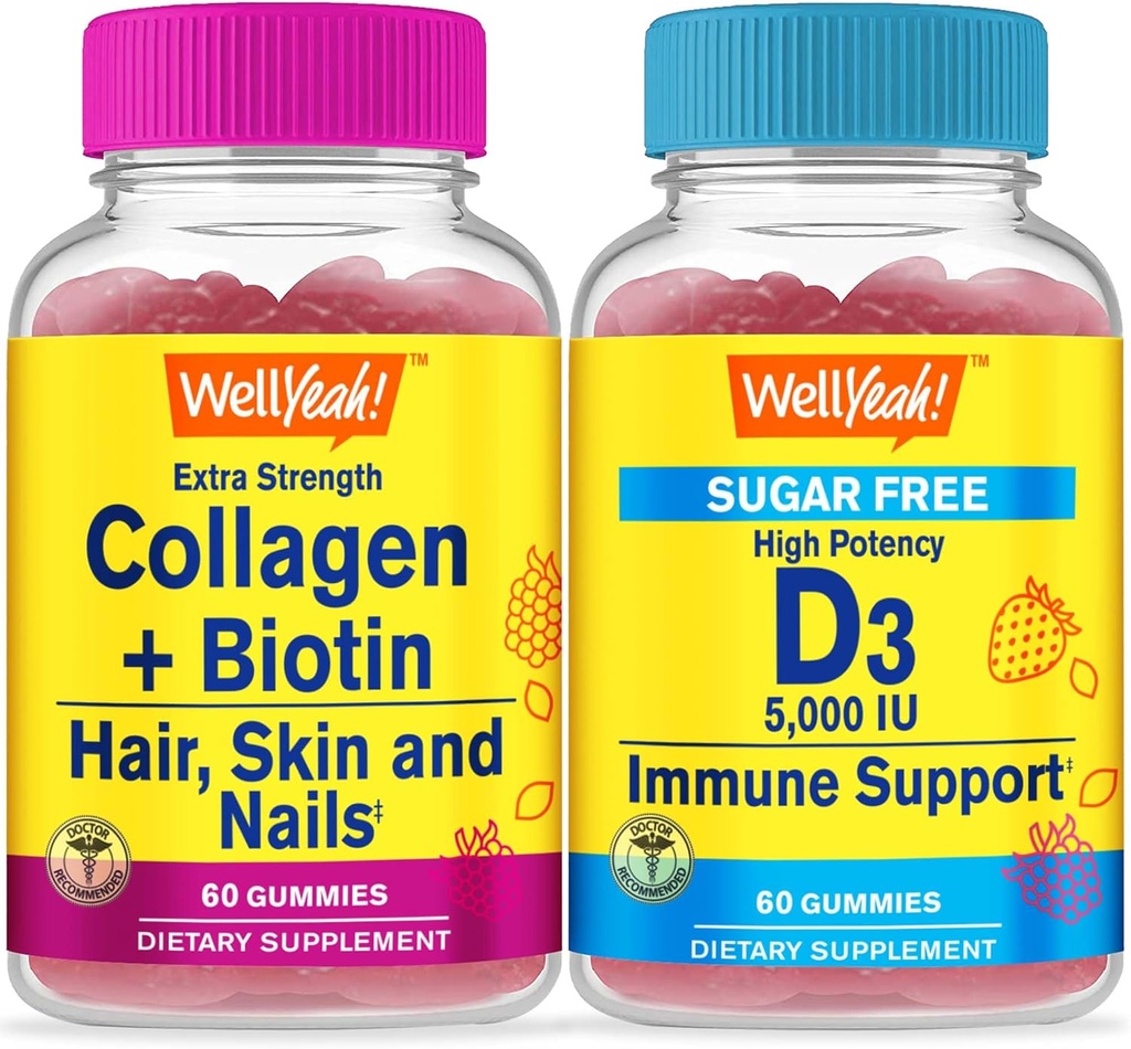 WellYeah Collagen + Biotin + vitamin D3 5000 IE sukker fri, Gummies Bundle - Great Tasting, Vitamin supplement, Gluten fri, GMO fri, Chewable Gummy