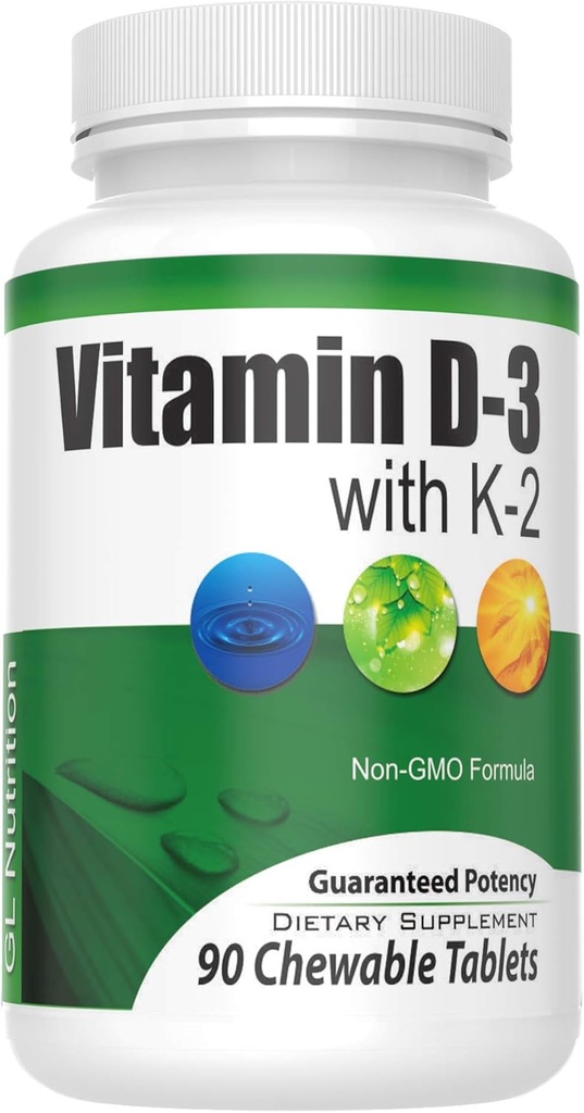 Chewable vitamin D3 (2.000 IE) + K2 (MK7 75mcg) Beeg 124; 90 Greve Easy Chewable Tablets for highest Absorbate 124; Fordele Heart, Bones, Skin, Dental Health, Regulates immunfunktion Beeg 124; GL Nutrition