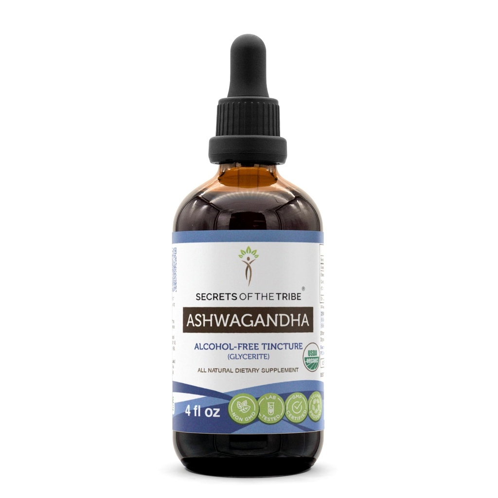 Ashwagandha USDA Organic Tincture Alcohol- Free Extract, Ashwagandha Withania Somnifera Anti- Stress and Relaxation 4 OZ