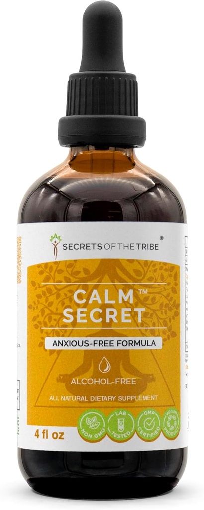 Hemmeligheder i Tribe - rolig hemmelighed, Herbal Supplement Blend Drops Alkohol- Free Liquid Extract, Anxious- Free Formel (4 fl oz)