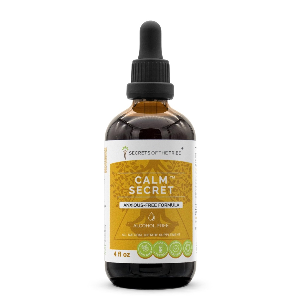 Hemmeligheder i Tribe - rolig hemmelighed, Herbal Supplement Blend Drops Alkohol- Free Liquid Extract, Anxious- Free Formel (4 fl oz)