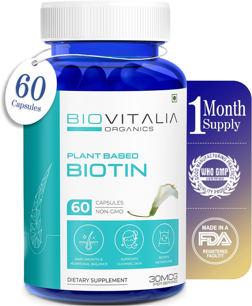Plant baseret Pure Biotin supplement Capsules- Support Stærkere Nails & Hårvækst Beriget med Sesbania Grandiflora Solsikke Frø Amla Beetroot & Spinach - 60 Veg Kapsler