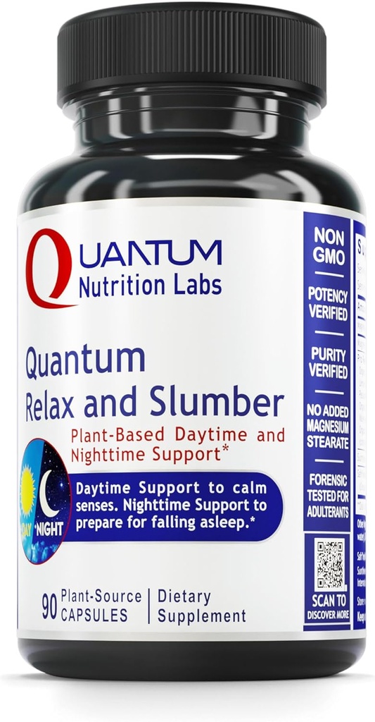 Quantum Nutrition Labs Quantum Relax and Slumber - Sleep Supplement med Magnesium Malate & L- Theanine, Natural Cale Complex med Lemon Balm & Valerian Root for Kvinder & Mænd - 90 Kapsler