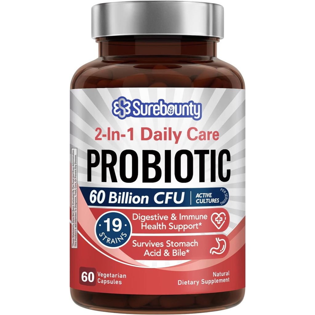 Probiotika 60 Millioner CFU 19 Strops til mænd og kvinder, med 100 mg Prebiotic, Hylde Stabil, 2-in-1 Daglig pleje Probiotic, Non- GMO, fordøjelsesbesvær og immunforsvar, 60 Veggie kapsler