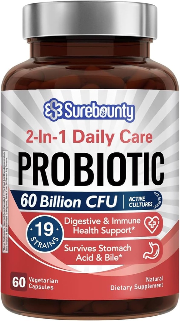 Probiotika 60 Millioner CFU 19 Strops til mænd og kvinder, med 100 mg Prebiotic, Hylde Stabil, 2-in-1 Daglig pleje Probiotic, Non- GMO, fordøjelsesbesvær og immunforsvar, 60 Veggie kapsler